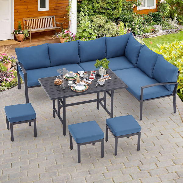 Danrelax 7 Pieces All Weather Aluminum Frame Patio Conversation Set with Fireproof Board, Deep Blue