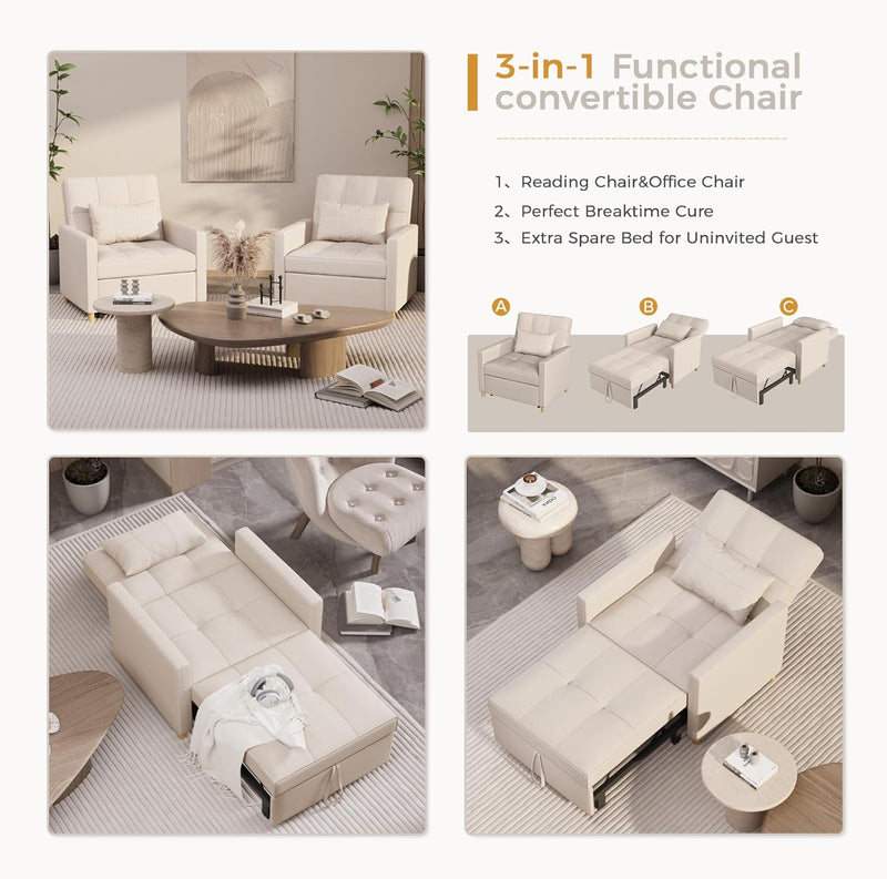 AECOJOY Sleeper Chair Bed 3 in 1 Sofa Bed for Adults Fold Out Sofa Convertible Reading Chair,Cream Beige