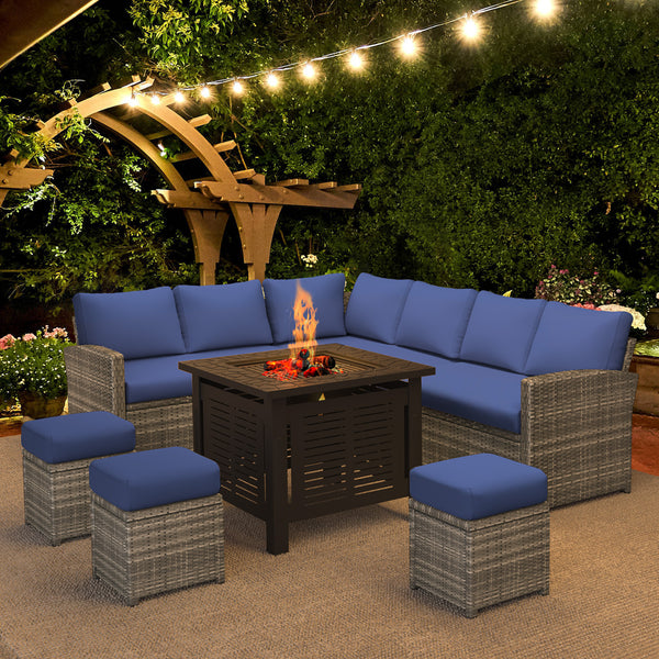 YODOLLA 7-Piece Patio Conversation Set with 30" Fire Pit Table, Outdoor Sectional Sofa, PE Rattan Wicker Furniture, Steel Frame, Blue