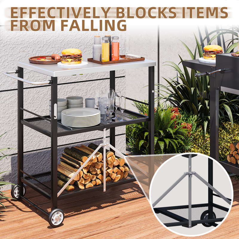 YODOLLA Foldable Outdoor Grill Cart 3 Tiers Stainless Steel Rolling Cart with Wheels Metal Utility Storage Trolley,Black