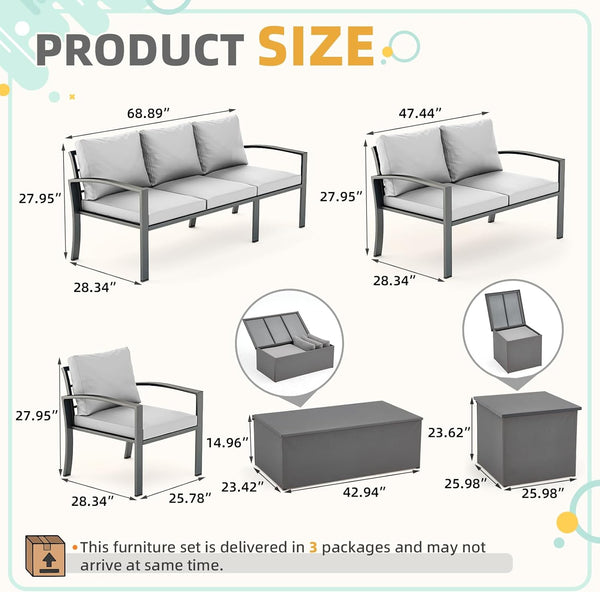 AECOJOY Metal Patio Furniture Set with Cover Outdoor Furniture sets With Storage Boxes on Sale with Light Grey Cushion for Balcony Porch, Lawn and More