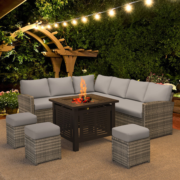 YODOLLA 7-Piece Patio Conversation Set with 30" Fire Pit Table, Outdoor Sectional Sofa, PE Rattan Wicker Furniture, Steel Frame, Gray