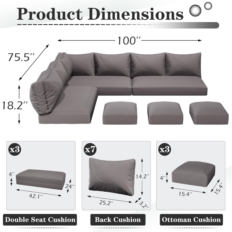 YODOLLA Outdoor Cushions, 4 inch Patio Cushions for Outdoor Furniture, Replacement Cushions Fits 7-Seats Sectional Rattan Conversation Set, Splashproof, Memory Foam Cushions and Covers (Dark Grey)