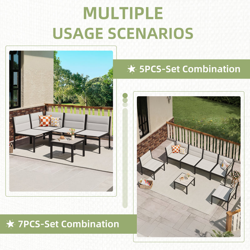 AECOJOY Outdoor Furniture Sets, 7 Pieces Cotton-Filled Textilene Fabric Outdoor Coffee Table and Chairs for Garden, Off-White