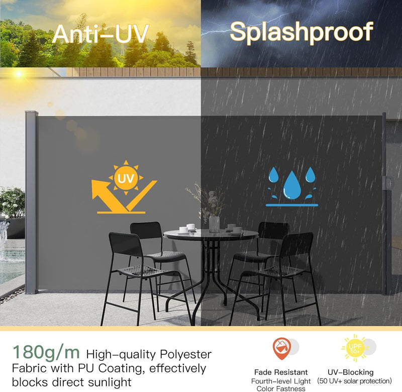 YODOLLA 138"x 63" Outdoor Retractable Side Awning, Folding Privacy Screen Waterproof Patio Awning, 180g Premium Polyester Fabric Room Divider for Patio, Garden and Terrace, Grey