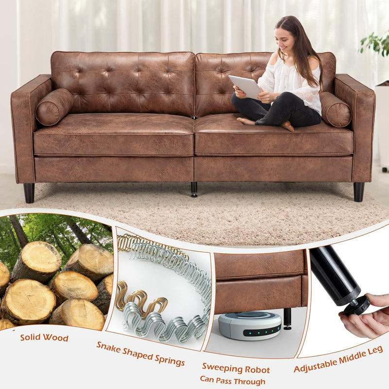 Esright 84.2" Faux Leather Couch, Mid-Century Modern Sofa Couches with 2 Bolster Pillows, 3 Seats Brown Leather Couch Sofa for Living Room, Bedroom, Office, Studio and More
