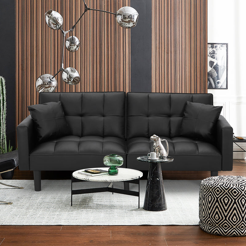 AVAWING Futon Sofa Bed Modern Convertible Sofa Bed Faux Leather Tufted Upholstered Accent Sofa and Couches with 2 Pillows, Water Resistant Couch Recliner for Living Room, Bedroom, Luxury Black