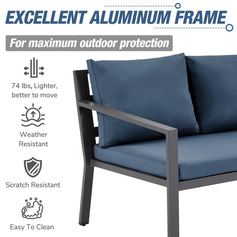 YODOLLA 7 Pieces Aluminum Patio Furniture Set with Waterproof Cover Patio Conversation Set For Outdoor with Navy Cushions