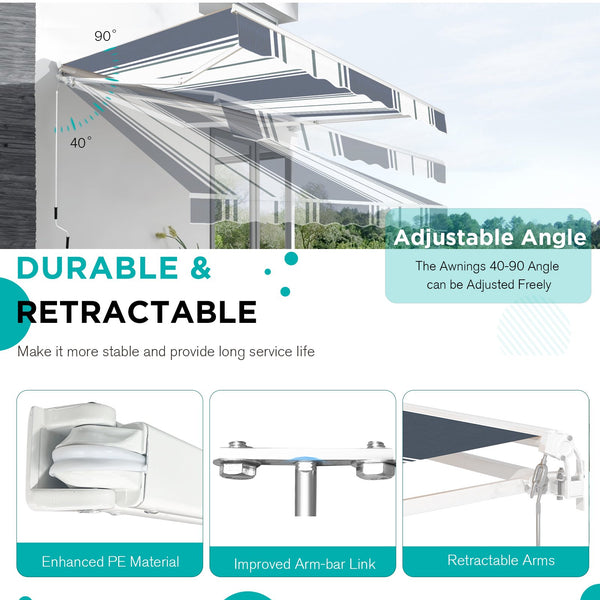 AECOJOY 13' x 8' Manual Retractable Patio Awning,Outdoor Awning Retractable Sunshade Shelter-Grey Stripes