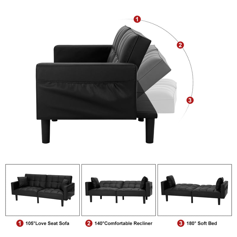 AVAWING Futon Sofa Bed Modern Convertible Sofa Bed Faux Leather Tufted Upholstered Accent Sofa and Couches with 2 Pillows, Water Resistant Couch Recliner for Living Room, Bedroom, Luxury Black