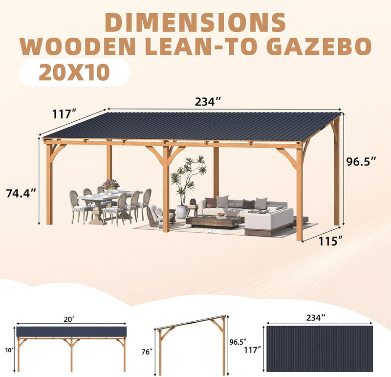 AECOJOY 20' x 10' Wood Gazebo, Outdoor Heavy Duty Wooden Pergola on Clearance, Patio Lean to Hardtop Awnings