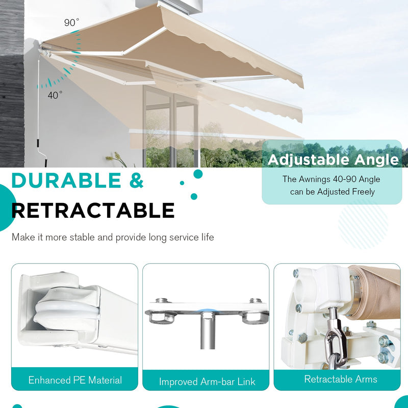 AECOJOY 20' x 10' Manual Retractable Patio Awning,Outdoor Awning Retractable Sunshade Shelter-Beige