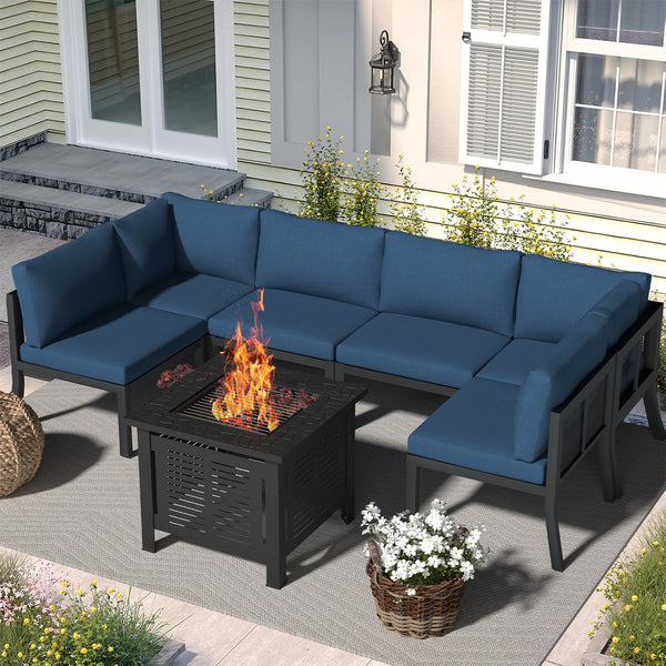 YODOLLA 7 Pieces Metal Outdoor Conversation Sets with Cushions and 30" Fire Pit Table, Blue