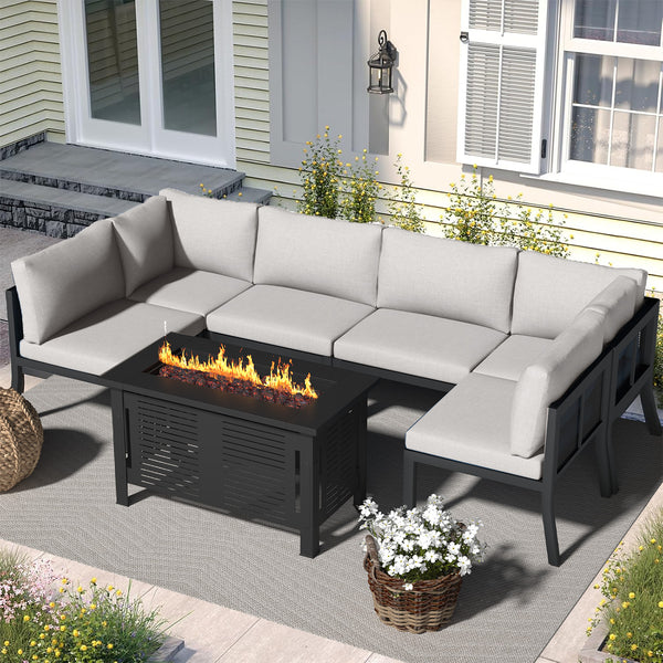 YODOLLA 7 Pieces Metal Outdoor Conversation Sets with Cushions and 43" Fire Pit Table, Gray
