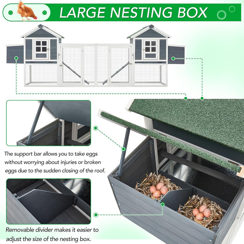 YODOLLA 123“ Large Wooden Chicken Coop with Run Wooden Hutch Poultry Cage Hen House with Nesting Boxes in Gray