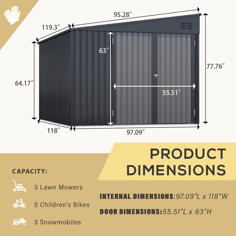 YODOLLA 8' x 10' Outdoor Metal Storage Side Shed with Lockable Door Metal Attached Lean-To Shed for Backyard in Dark Grey