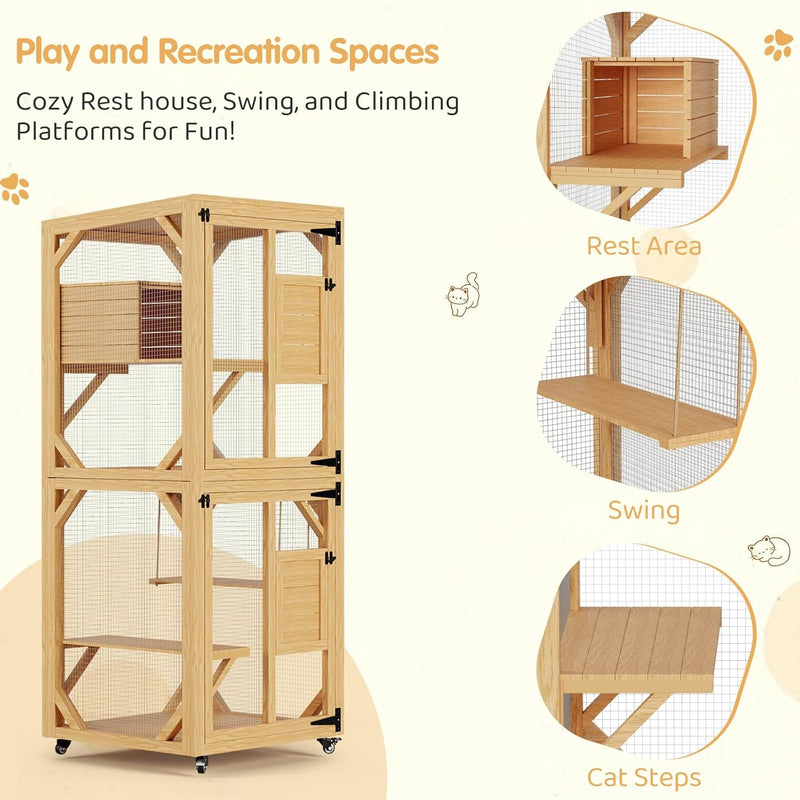YODOLLA Catio Enclosure for Cats,Wooden Outdoor Cat House with Hammock in Natural Color