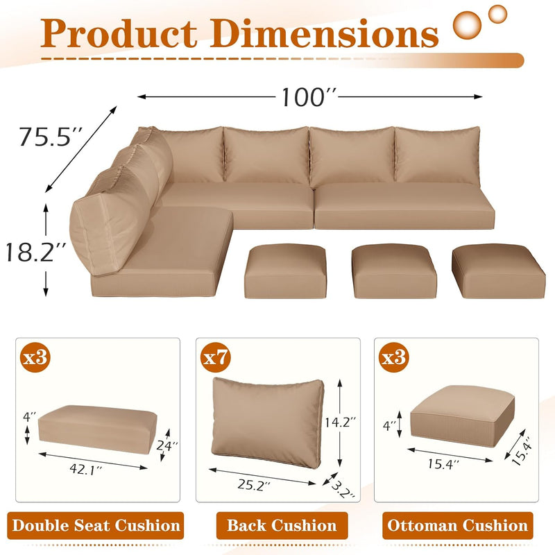 YODOLLA Outdoor Cushions, 4 inch Patio Cushions for Outdoor Furniture, Replacement Cushions Fits 7-Seats Sectional Rattan Conversation Set, Splashproof, Memory Foam Cushions and Covers (Beige)
