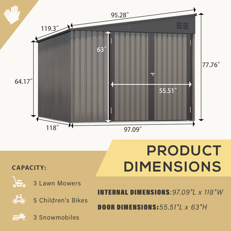 YODOLLA 8' x 10' Outdoor Metal Storage Side Shed with Lockable Door Metal Attached Lean-To Shed for Backyard in Grey