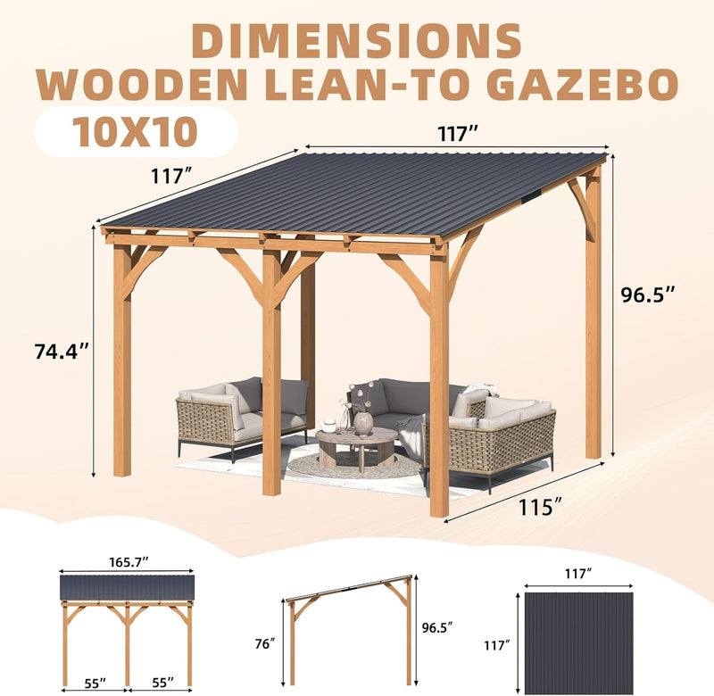 AECOJOY 10' x 10' Wood Gazebo, Outdoor Heavy Duty Wooden Pergola on Clearance, Patio Lean to Hardtop Awnings