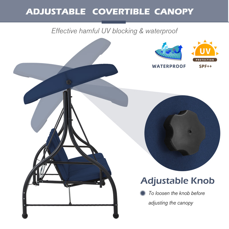 AECOJOY 3 Person Canopy Steel Porch Swing, Converting Swing Glider Hammock-Dark Blue
