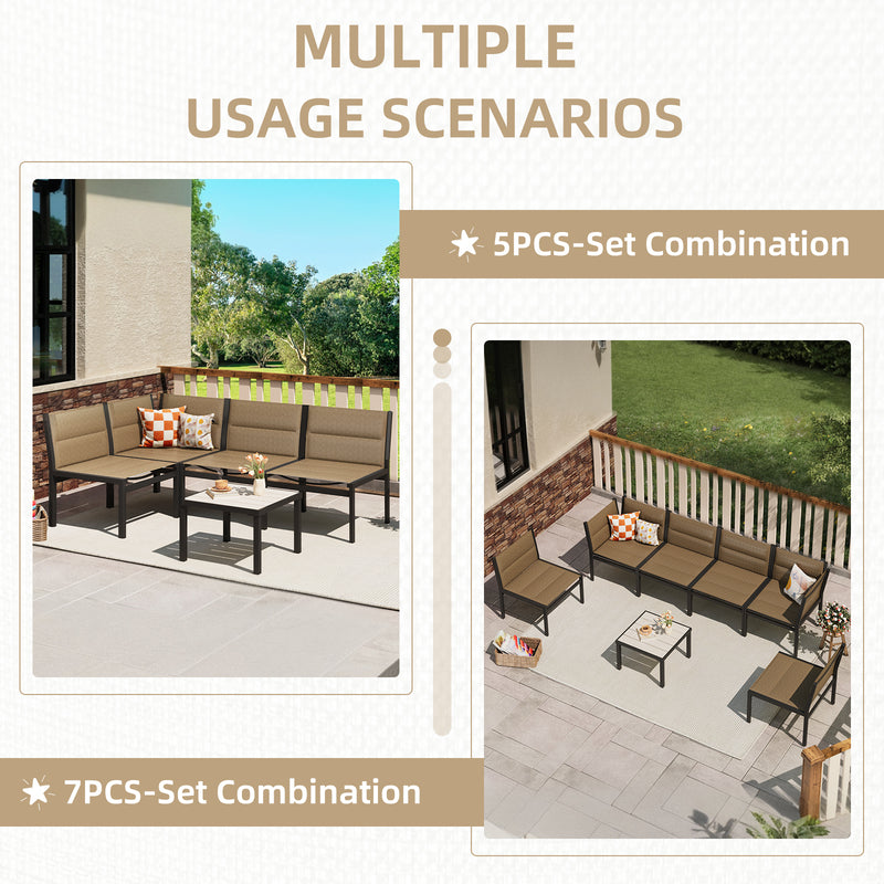 AECOJOY Outdoor Furniture Sets, 7 Pieces Cotton-Filled Textilene Fabric Outdoor Coffee Table and Chairs for Garden, Brown