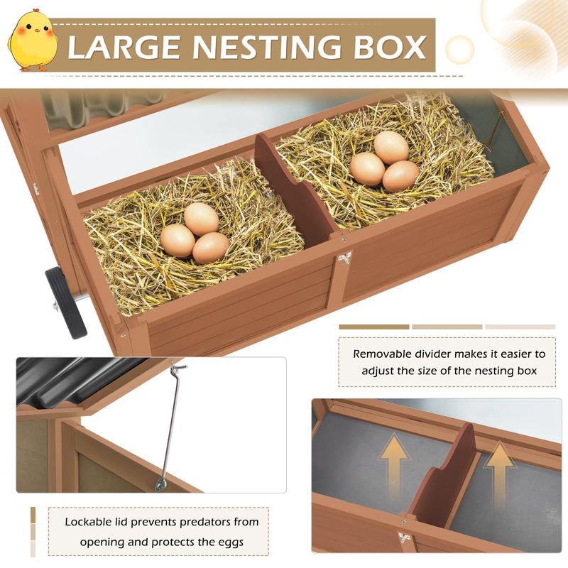 YODOLLA 95" Chicken Coop with Wheels, Poultry Cage Wooden Chicken Hutch Tractor with Run, Nesting Boxes, Ramps, Removable Tray, Natural Wood