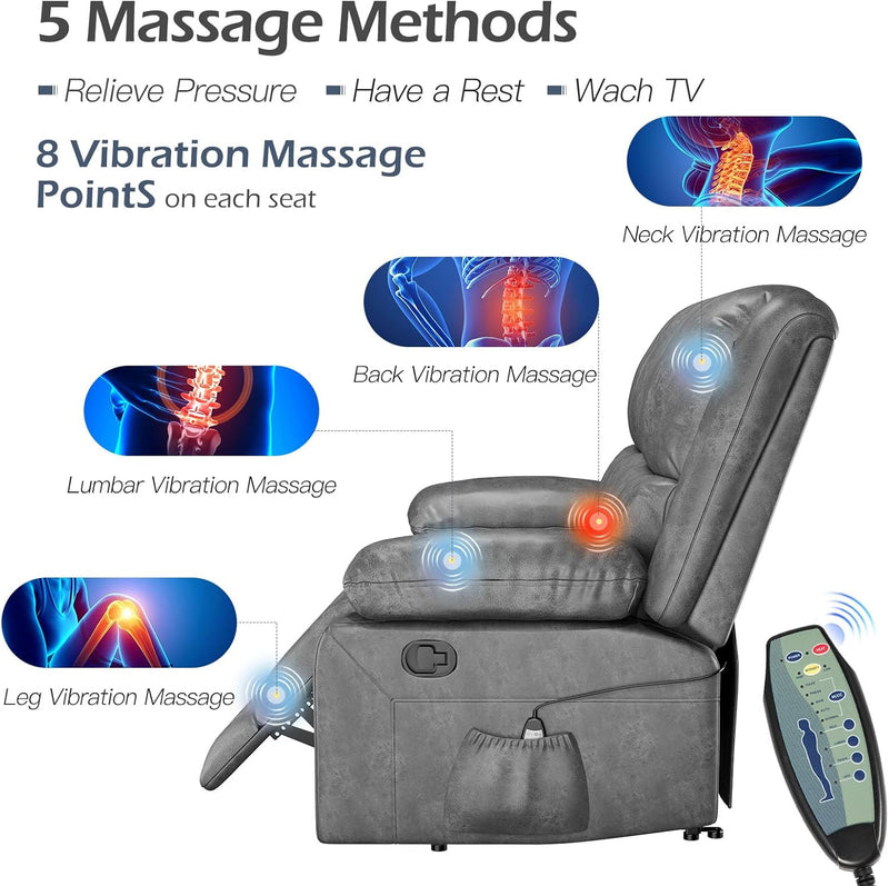YODOLLA 3 Pieces Recliner Sofa Set with Massage Heated Function, Home Theater Seating Leather Couch Set with Side Pockets, Gray