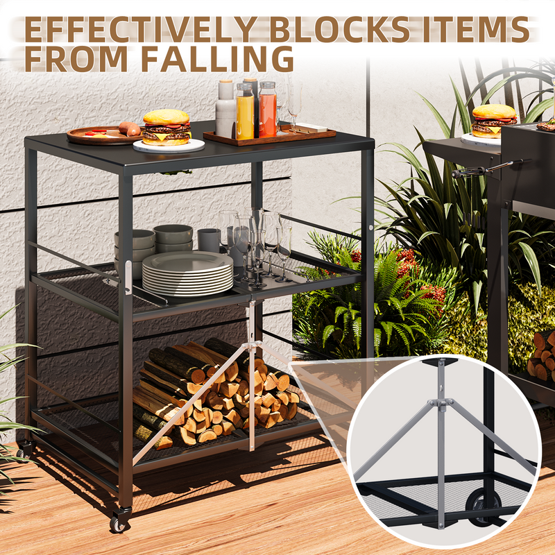 AECOJOY Foldable Outdoor Grill Cart Rolling Dining Table with Three-Shelf,Garden Patio BBQ Kitchen Food Prep Cart,Black