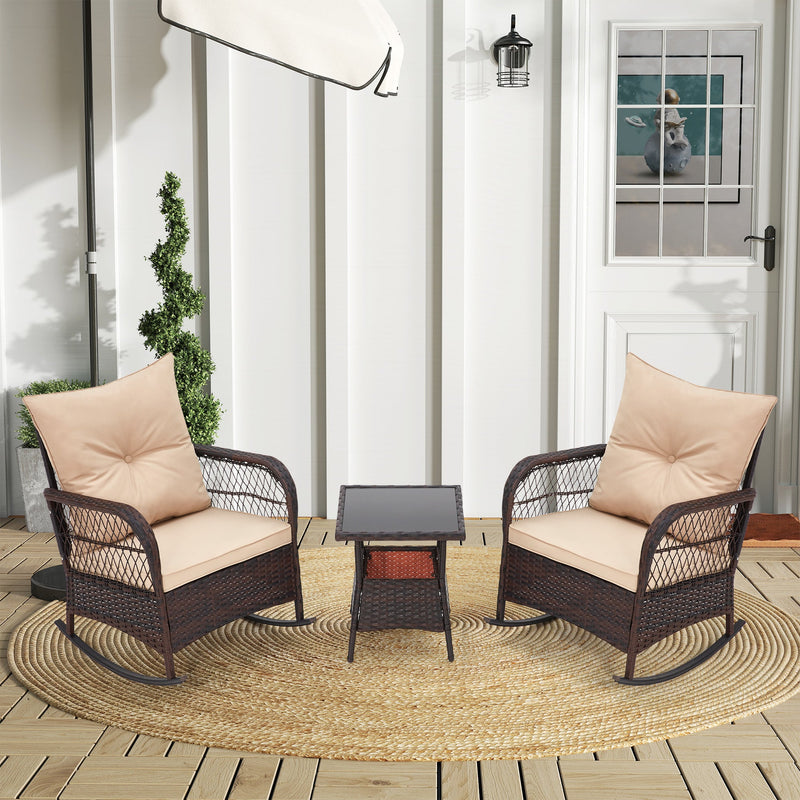 3 pcs Rocking Bistro Set, Outdoor PE Rattan Rocking Chairs with Tempered Glass Coffee Table