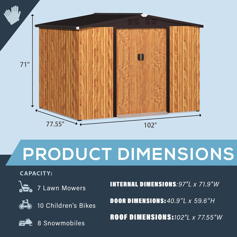 U-MAX 8 x 6 ft. Wood Grain Outdoor Metal Storaged She with Lockable Door Patio Garden Storage Building for Outside