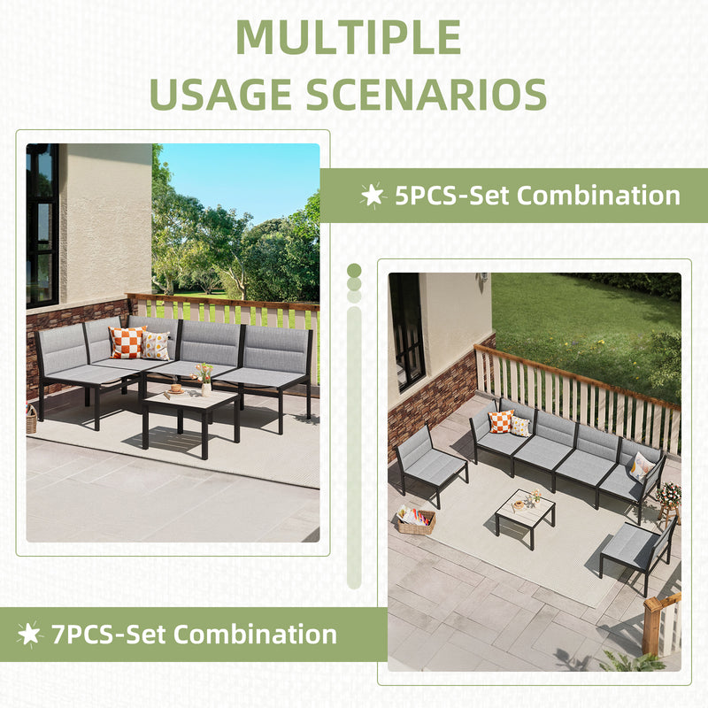 AECOJOY Outdoor Furniture Sets, 7 Pieces Cotton-Filled Textilene Fabric Outdoor Coffee Table and Chairs for Garden, Dark Gray