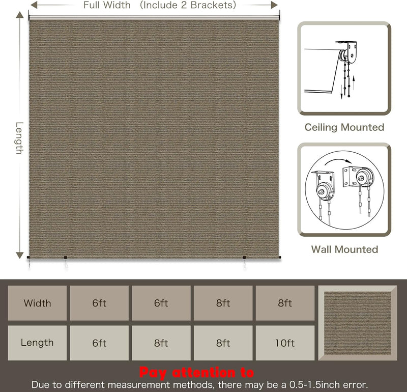 AECOJOY Outdoor Roller Shade, 8"(W) x10(H) Sun Shade Cover Canopy with 99% UV Protection, 220GSM HDPE Exterior Cordless Roll Up Shade Blinds Privacy Screen for Patio, Pergola, Gazebo, Mocha