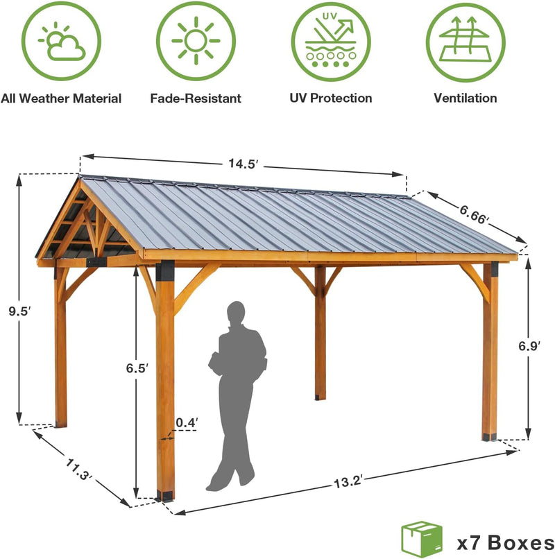 YODOLLA 14.5x12ft Outdoor Wooden Gazebo,Grill Pergola Gazebo Clearance Hard-Top Gazebo for Patios, Garden,Brown