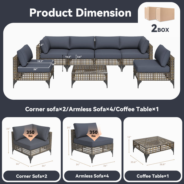 AECOJOY 7-Piece Patio Furniture Set, Boho Style Rattan Wicker Sectional Sofa Couch in Dark Brown Rattan& Dark Grey Cushions