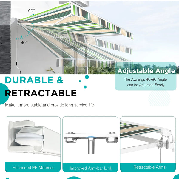 AECOJOY 13' x 8' Manual Retractable Patio Awning,Outdoor Awning Retractable Sunshade Shelter-Mixed Beige Green Stripes
