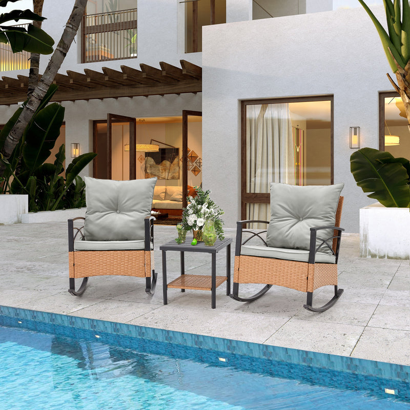 3-Piece Bistro Set: Outdoor Rattan Rocking Chairs with Cushions and Coffee Table