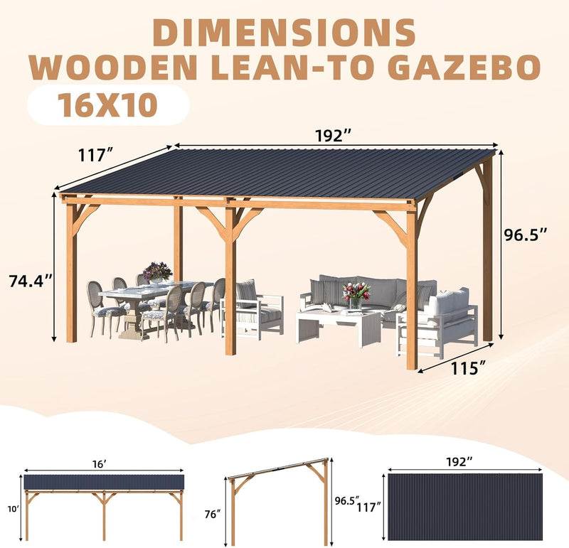 AECOJOY 16' x 10' Wood Gazebo, Outdoor Heavy Duty Wooden Pergola on Clearance, Patio Lean to Hardtop Awnings