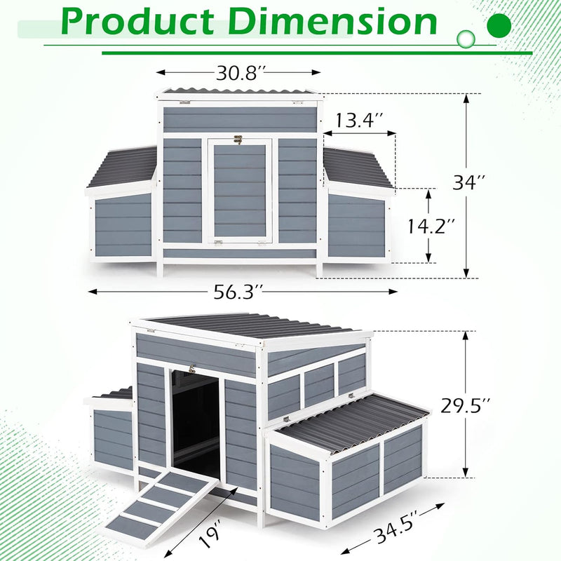 YODOLLA Chicken Coop 56" Large Wooden Chicken Hutch with 6 Nesting Boxes Outdoor Hen House Chicken Cage w/Ramps, Removable Tray for Easy Cleaning