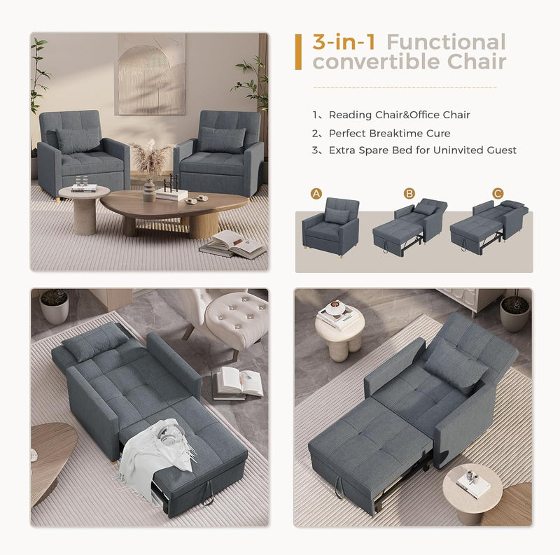 AECOJOY Sleeper Chair Bed 3 in 1 Sofa Bed for Adults Fold Out Sofa Convertible Reading Chair,Dark Grey
