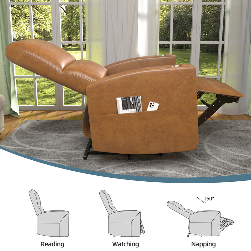 YODOLLA Power Recliner Chair Faux Leather Sofa Chair for Adult with Side Pocket and Cup Holders Nursery, Living Room, Bedroom, Brown
