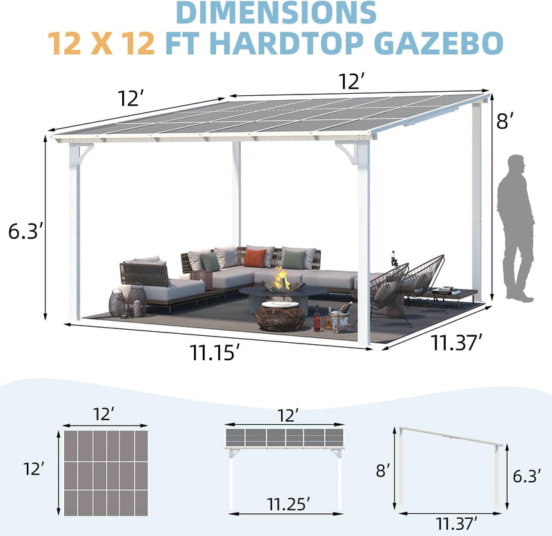 YODOLLA 12' x 12' Hardtop Gazebo Outdoor Aluminum Pergola For Garden, Patio, Backyard-White