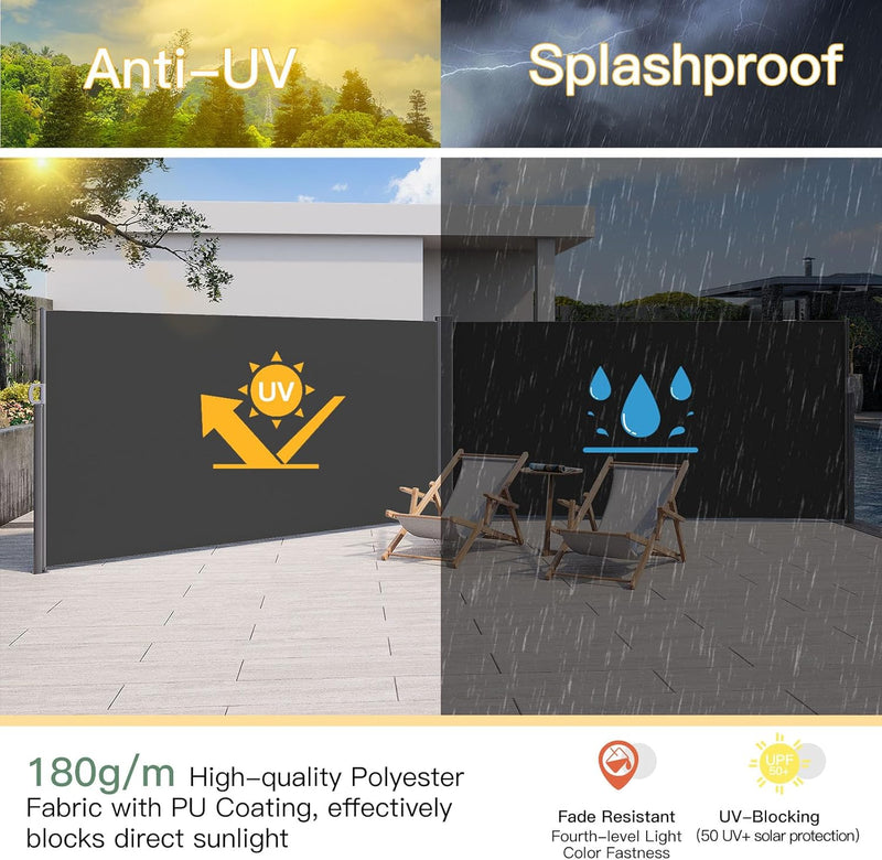 YODOLLA 236" x 63" Black Polyester Double Retractable Outdoor Privacy Screen