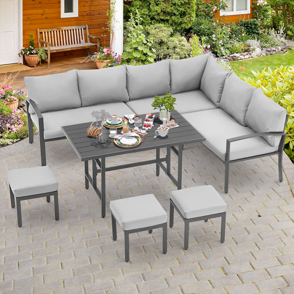 Danrelax 7 Pieces All Weather Aluminum Frame Patio Conversation Set with Fireproof Board, Light Gray
