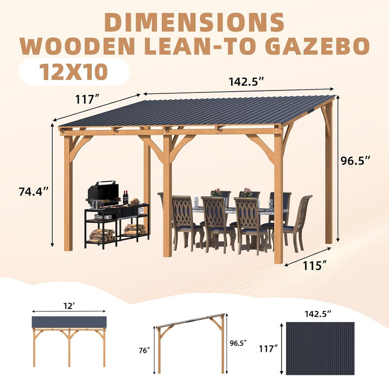 AECOJOY 12' x 10' Wood Gazebo, Outdoor Heavy Duty Wooden Pergola on Clearance, Patio Lean to Hardtop Awnings