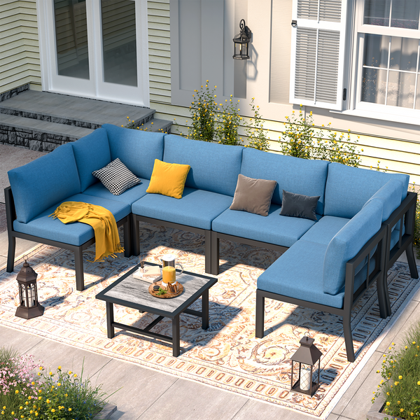 YODOLLA 7 Pieces Metal Outdoor Conversation Sets BLUE