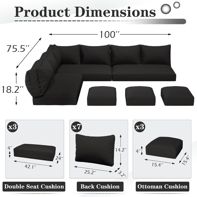 YODOLLA Outdoor Cushions, 4 inch Patio Cushions for Outdoor Furniture, Replacement Cushions Fits 7-Seats Sectional Rattan Conversation Set, Splashproof, Memory Foam Cushions and Covers (Black)