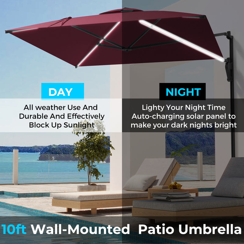 AECOJOY 10 ft Wall Mounted Patio Umbrella with Solar LED Lights Outdoor Rectangle Umbrella with 180° Rotation for Outside in Red