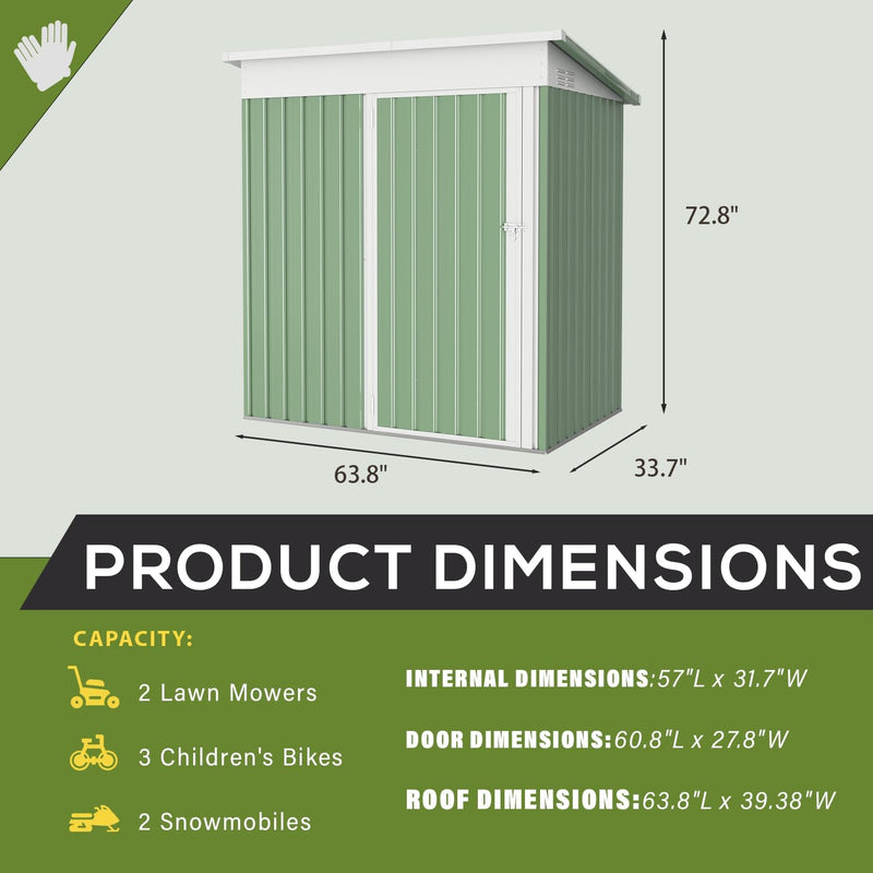 YODOLLA 5 x 3 ft. Outdoor Metal Steel Storage Shed with Sliding Roof & Lockable Door for Backyard, Garden,Green
