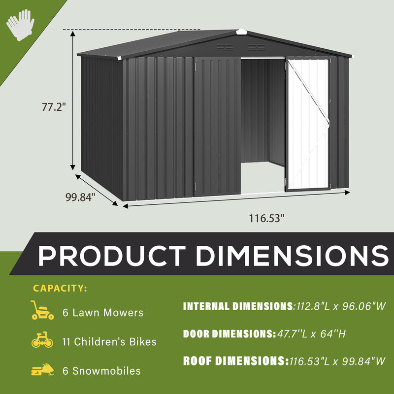 AECOJOY 10 x 8 ft. Outdoor Metal Storage Shed with Sliding Roof & Lockable Door in Dark Gray